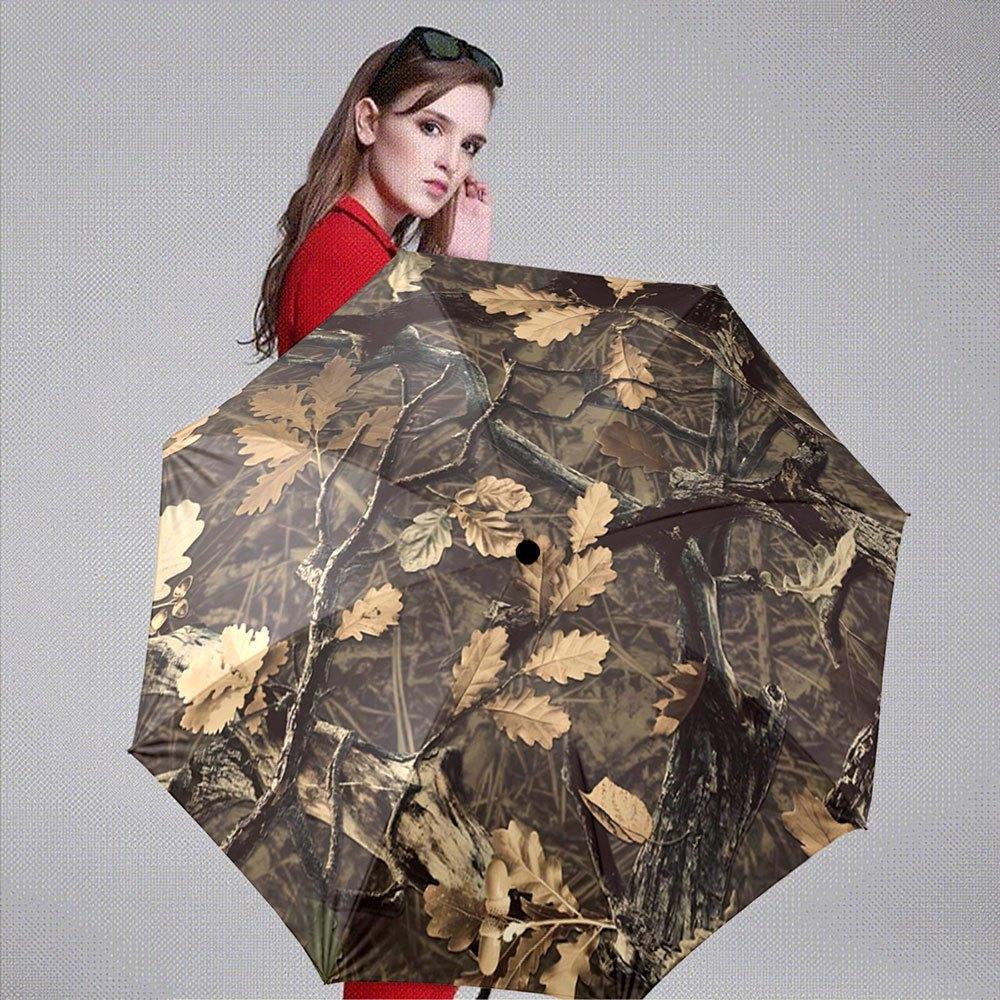 Automatic Open/Close Folding Umbrella with Forest Camouflage Leaf Pattern - 8-Rib Sturdy Frame, Automatic Open/Close Mechanism