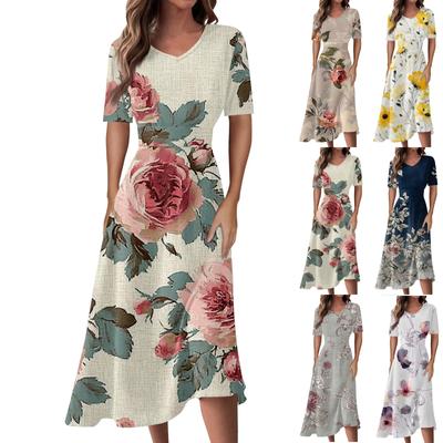 Γυναικεία Casual Fashion Floral (Φύλλο)  Φόρεμα με στάμπα με λαιμόκοψη με κοντό μανίκι στη μέση και μακριά