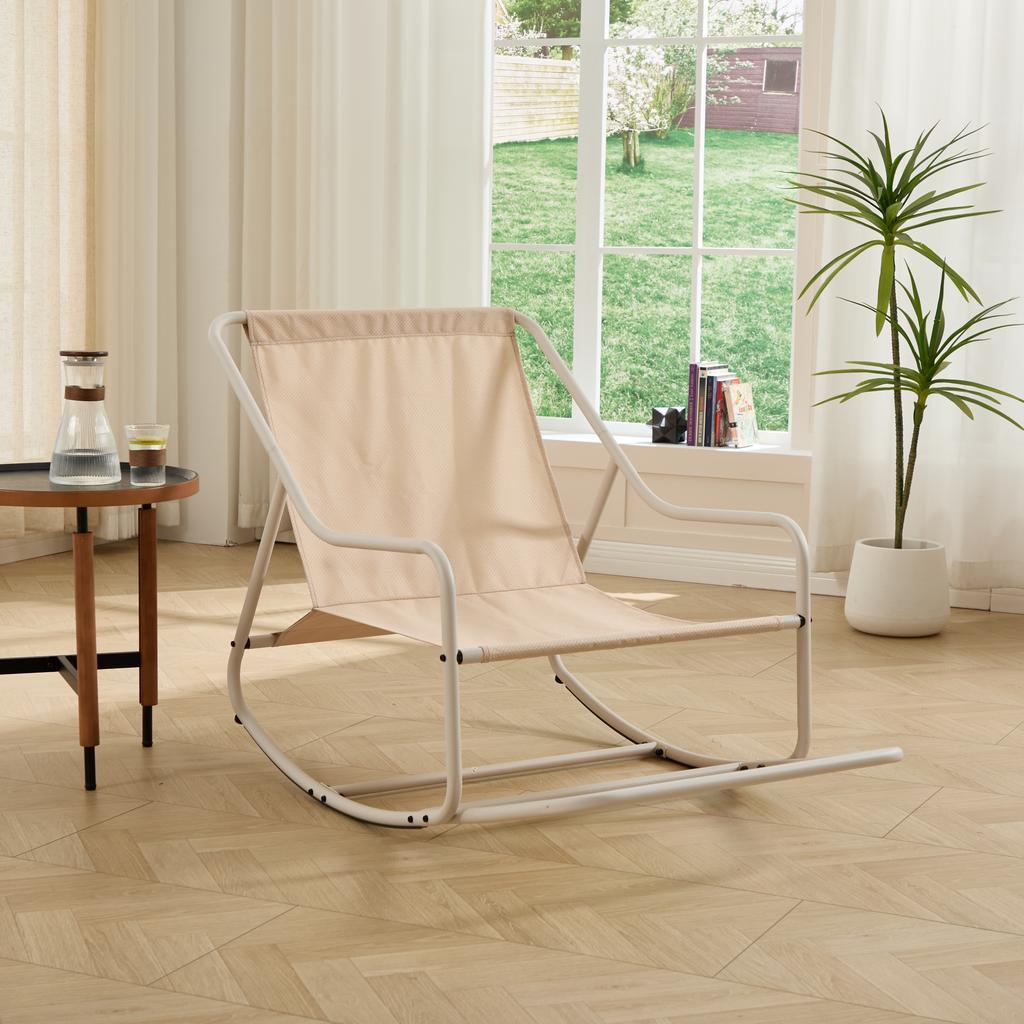 Outdoor Rocking Chair, Comfy Cushion, with Soft Thick Cushion,for Living Room, Bedroom, Reading Room, Beige Frame with Beige Cushion
