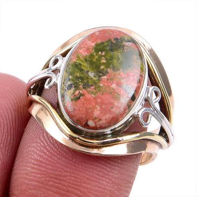 Natural Unakite Gemstone 925 Solid Silver Jewelry Two Tone Ring Size 7.5US N4z61