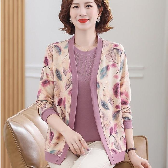 Women's Knit Top Two-Piece Set for Spring Women's Printed Knit Cardigan Round Neck Knit Short Sleeve T-Shirt Two-Piece Set Outdoor Wear
