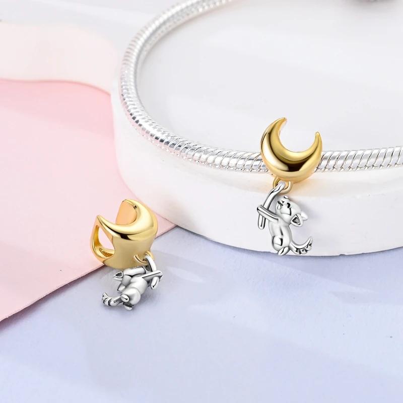 Joli Chiot et Lune Perles Cuivre Perles Originales S'adaptent aux Charms Originaux Bracelet Perles Bijoux Cadeaux Pour Femmes