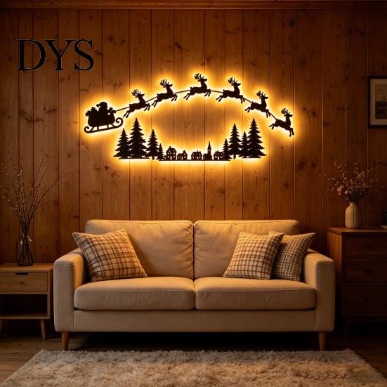 Wooden Christmas Wall Art Lighted Santa Sleigh Reindeer Decor with Remote, LED Flying Bedroom Decorative Night Light Art, Warm Backlit Peel And Stick