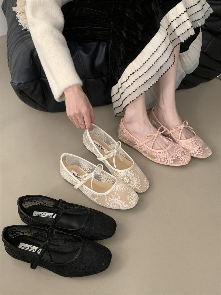 Gentle evening breeze bow ballet shoes girl 2025 new fairy hollow mesh lace embroidered shoes single shoes