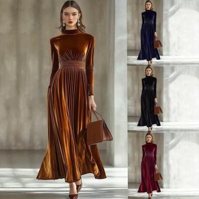 Robe élégante pour femme 2026 en velours doré à manches longues amincissante avec design cintré à la taille pour l'automne/Hiver.