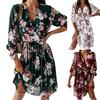 Pleated Flowy Hem Midi Dress Floral Print Sweet Elastic Waist V-Neck Casual