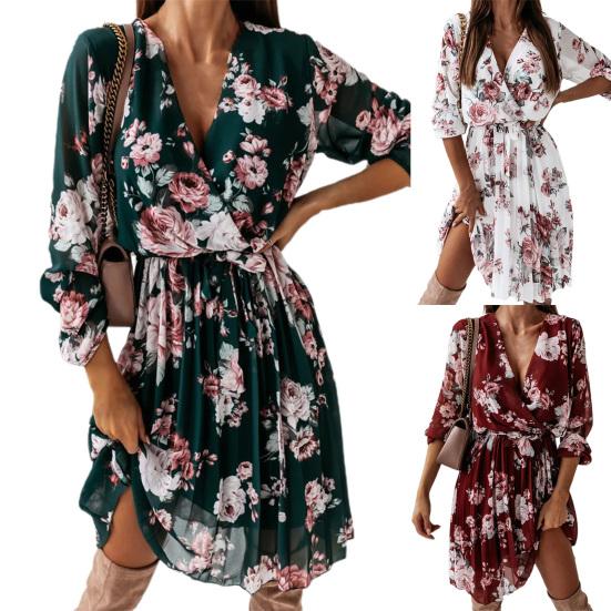 Pleated Flowy Hem Midi Dress Floral Print Sweet Elastic Waist V-Neck Casual