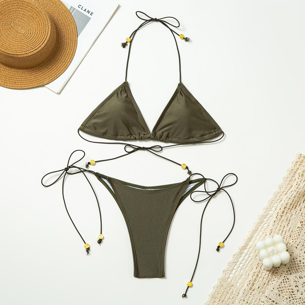 Новый однотонный нейлоновый купальник-бикини с лямками, раздельный купальник для женщин, разноцветный S армия зеленый