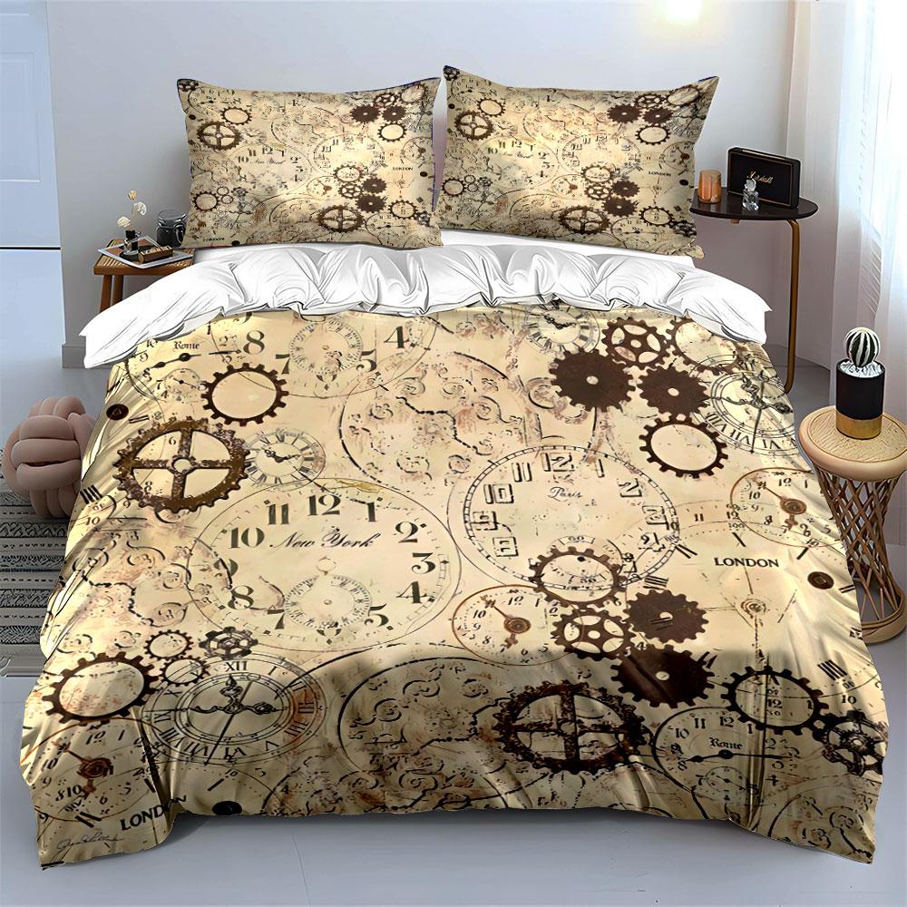 Vintage Clockwork Design Bedding Duvet Cover Set Duvet Cover Pillowcases (1*Duvet Cover 2*Pillowcases, without duvet insert)