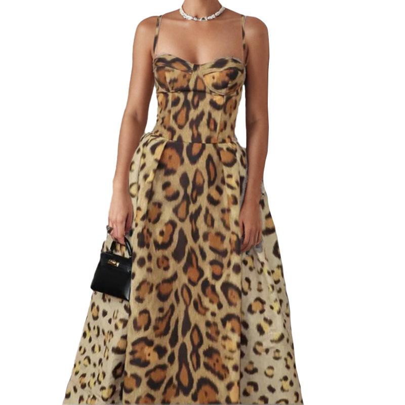 New Summer Models, European and American Women's Clothing, Sexy and Fashionable Leopard Print Suspender Waist A-word Dress