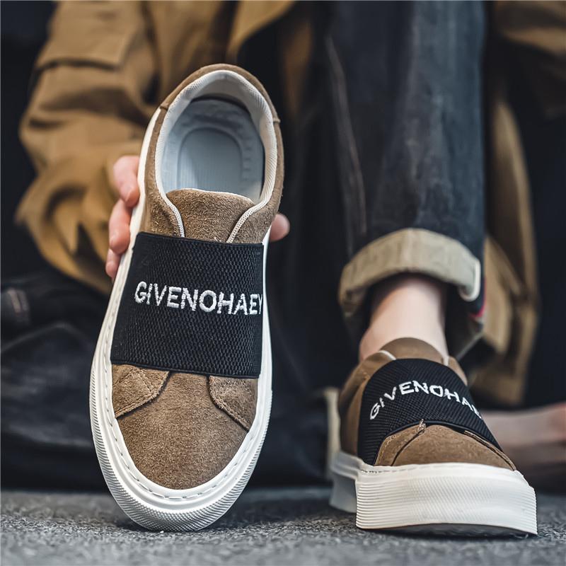 New Fashion Khaki Letter Printed Men's Loafers Breathable Suede Leather Casual Shoes Men Slip-on Platform Shoes Men Mocasines