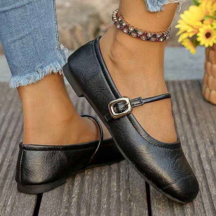 

2025 autumn new shallow single shoes women s shoes low heel flat heel round head one-word buckle belt casual versatile single shoes women 41 чёрный