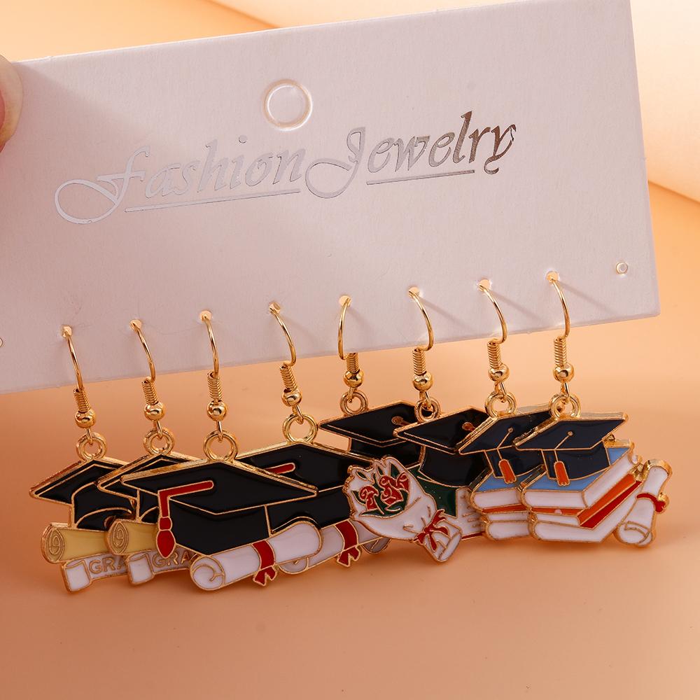 4pairs Cute Mortarboard Dangle Earrings for Women Girls Doctorial Hat Drop Earrings Graduation Jewelry Gifts