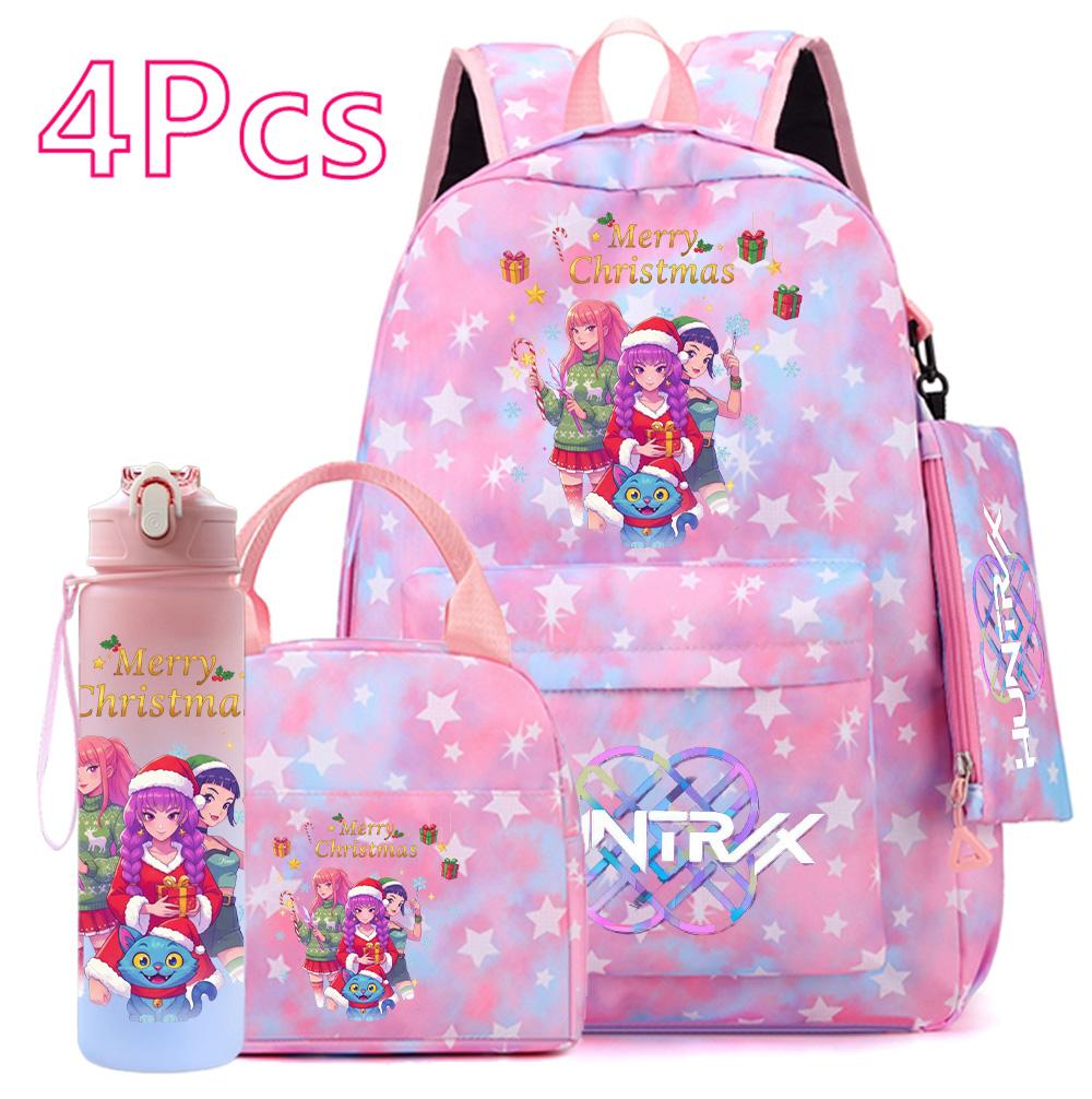 4 st/set Jul K-POP Tryckt Ryggsäck Handväska Pennskrin 750 ml Vattenflaska för Tonåring Pojke Flicka Bokväska Skolväska Med Drickmugg Barnpresent