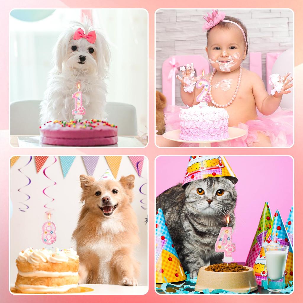 Dog and Cat 3rd Birthday Candle Paw Cake Topper Cupcake Decorations for Pet Theme Party Decor Anniversary Celebrations Supplies