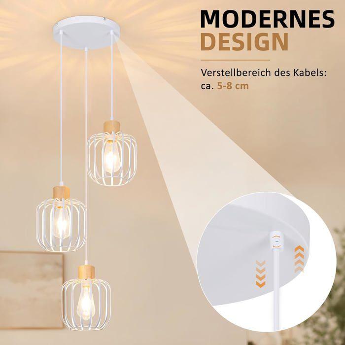 NETTLIFE Lustre en bois 3 ampoules douille E27 style moderne lustre blanc (ampoules non incluses)