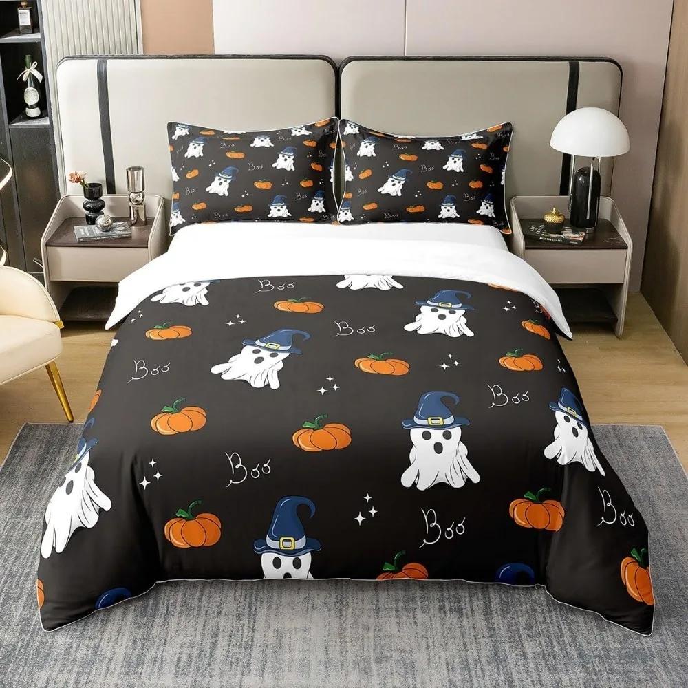 

Black Cat Duvet Cover Halloween Witch Hat Comforter Cover Gothic Spider Bedding Set for Children Child Teens, Halloween Bed Set EU Twin(135x200cm)