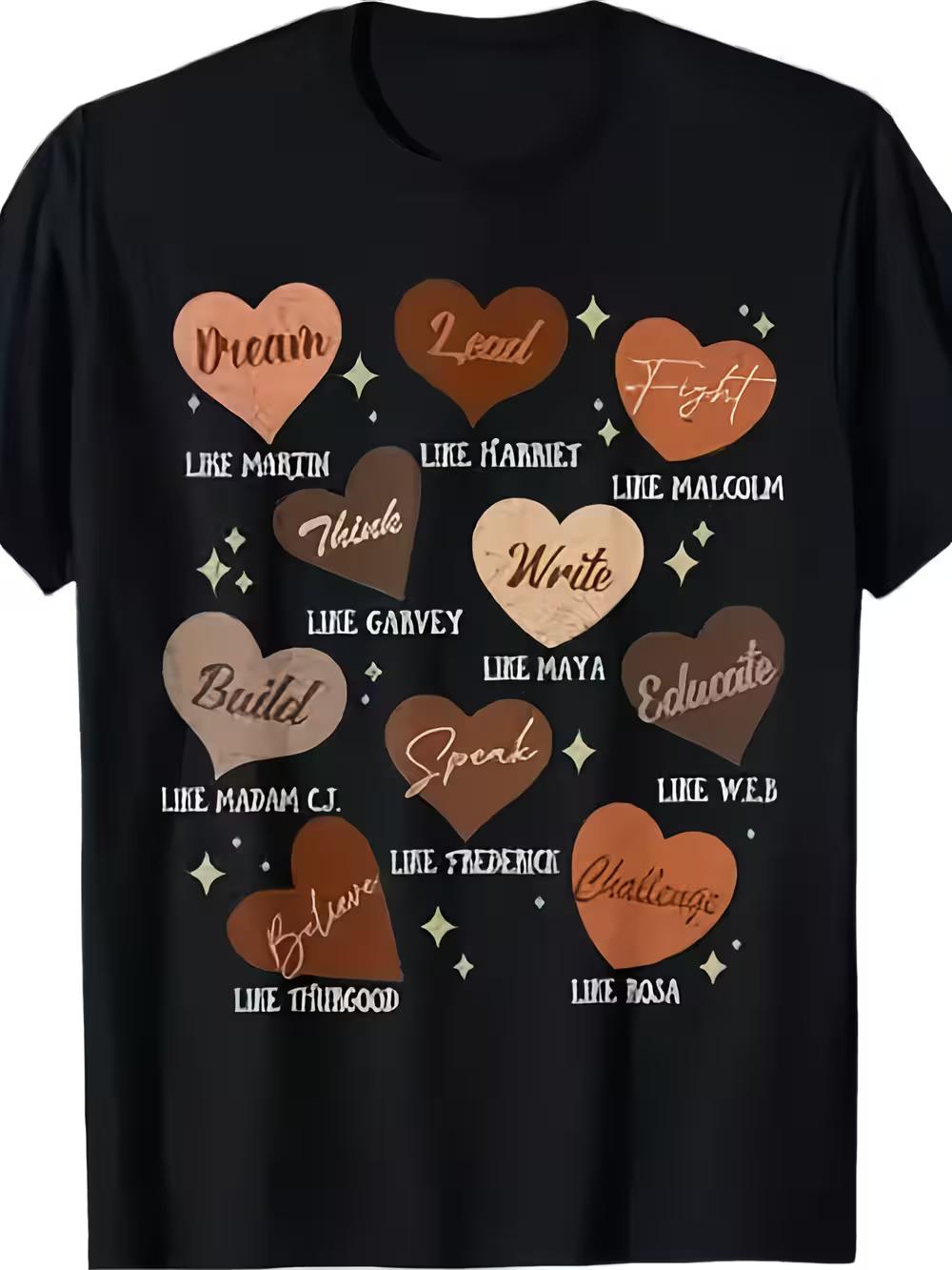 Men s  Black History Theme T-Shirt- Educated Leader Heart Pattern Short Sleeve Shirt S