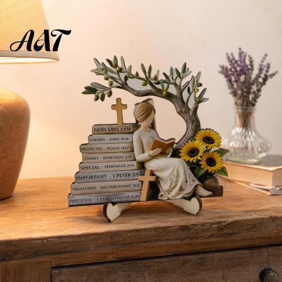 Exquisite Desktop Figurine Decor Wooden Reading Girl Figurine, Stable Pastoral Style Statue Decorative for Desk Decor, Artistic Healing Ornament,