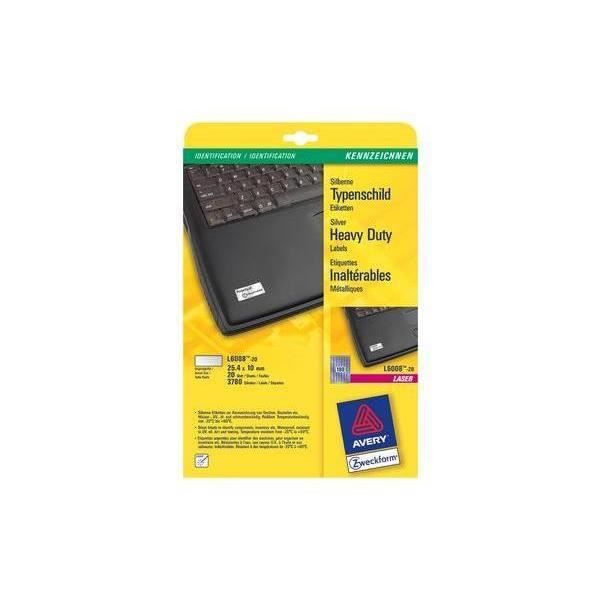 Étiquettes De Spécifications - AVERY ZWECKFORM - 210x297mm - Argent - Résistantes Aux UV - 20 Pièces