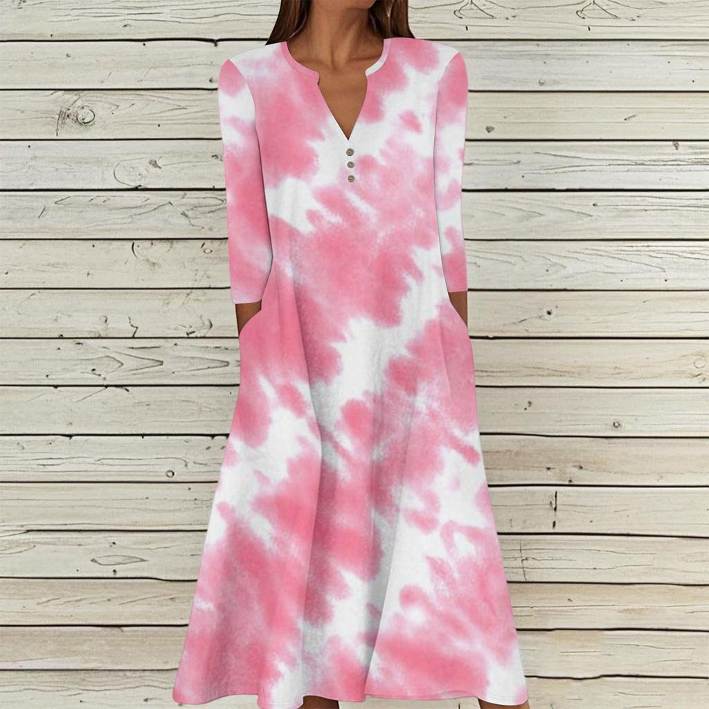 Women's Summer Casual V-Neck Button Vintage Floral Print Three-quarter Sleeve Long Dress With Pockets