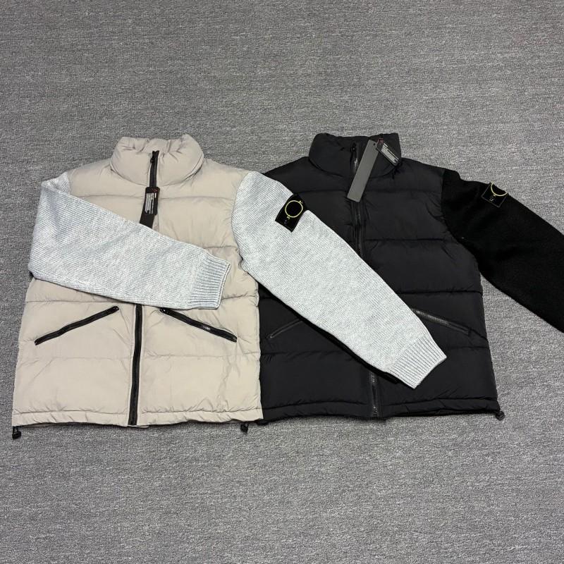 Mens Stand Collar Cotton Puffer Jacket With Knit Sleeve Panel Streetwear Style Zipper Front Loose Fit