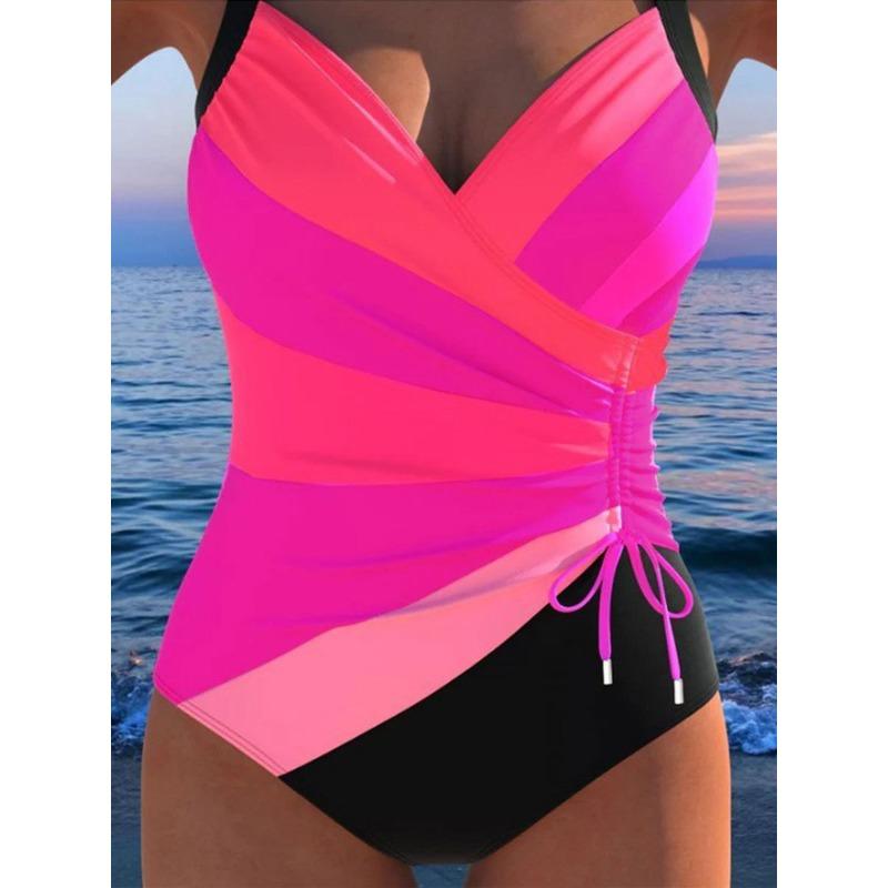 Costume da bagno intero a righe sfumate con scollo a V e coulisse Controllo pancia Taglio alto