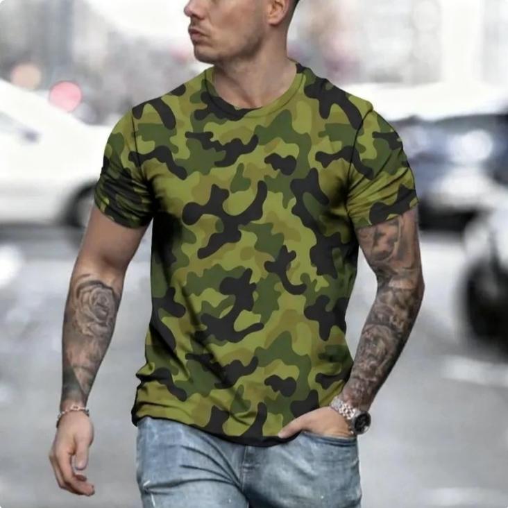 Rundhals 3D Kamouflage Skogstryckt Casual Kortärmad Herr T-shirts - Mjuk Medium Stretch Polyestertyg Sommar Avslappnad Passform Kläder