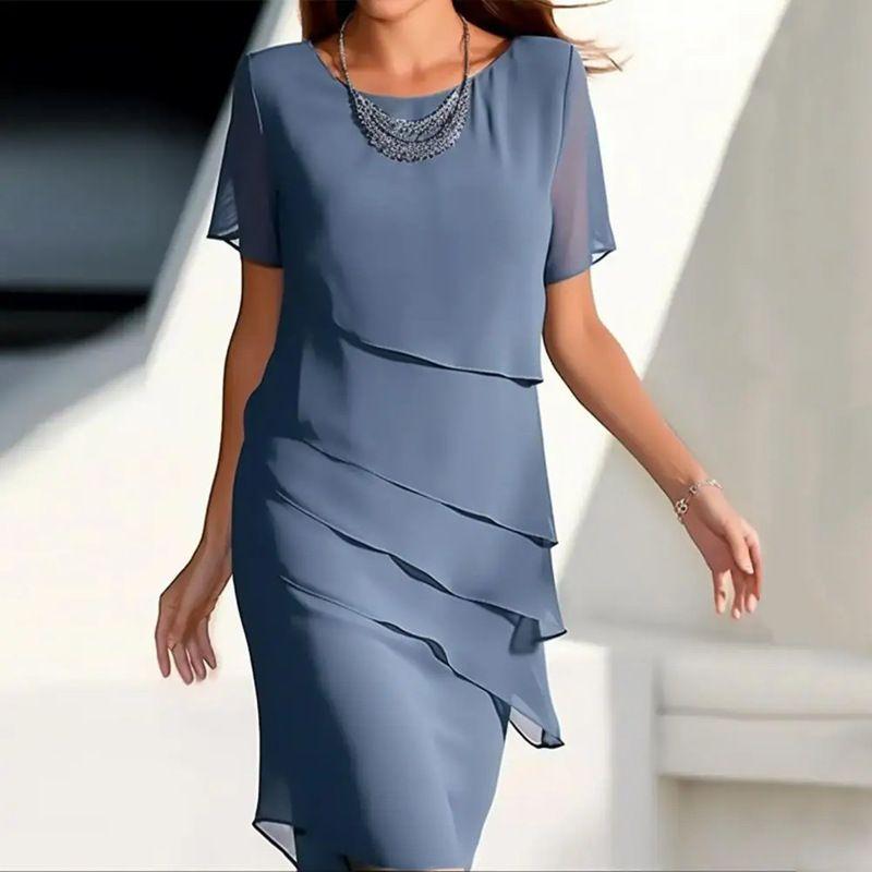 

European and American Women s Summer Slim dress Patchwork round Neck Short sleeve Dress Midi Dress Women Blue XXL