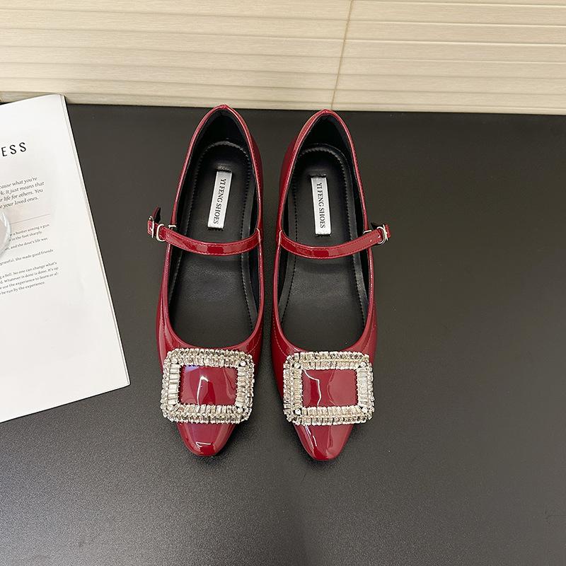 

Small inner height increase single shoes women s patent leather one-word buckle 2025 new French rhinestone flat Mary Jane women s shoes 39
