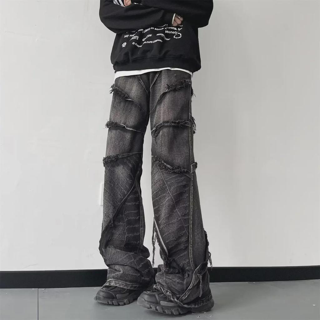 Men’s Washed Black Wax-Coated Flared Jeans