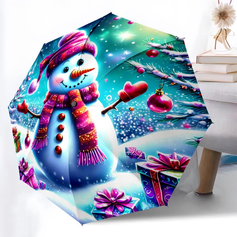 1pc Sturdy 8-Bone Auto Umbrella, Lovely Christmas Snowman Umbrella, Digital Printed, Foldable Umbrella for On-the-Go Outdoor Use