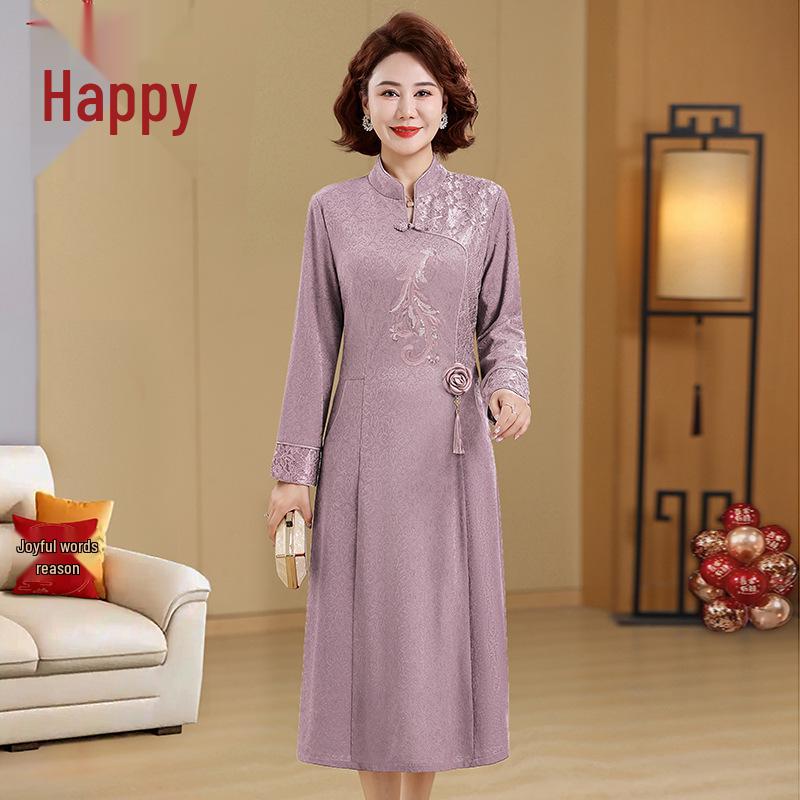 Elegant Long Qipao Wedding Dress for Mother of the Bride, Age 50+