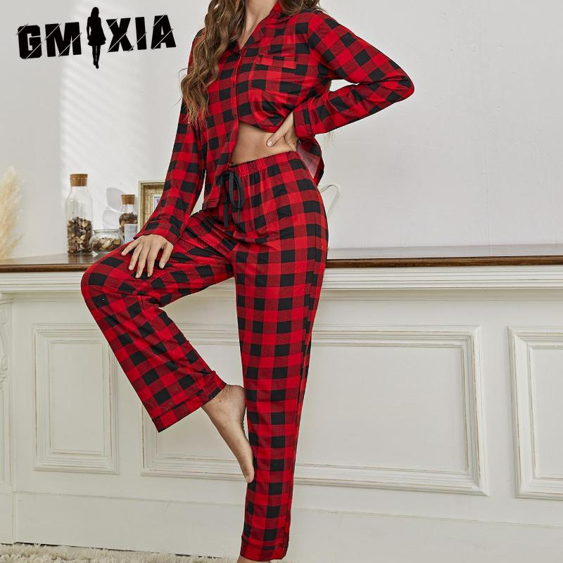 

GMXIA Домашняя одежда Женский Красный Клетчатый Кардиган Рубашка Длинный Рукав Длинные Брюки Пижамный Комплект L