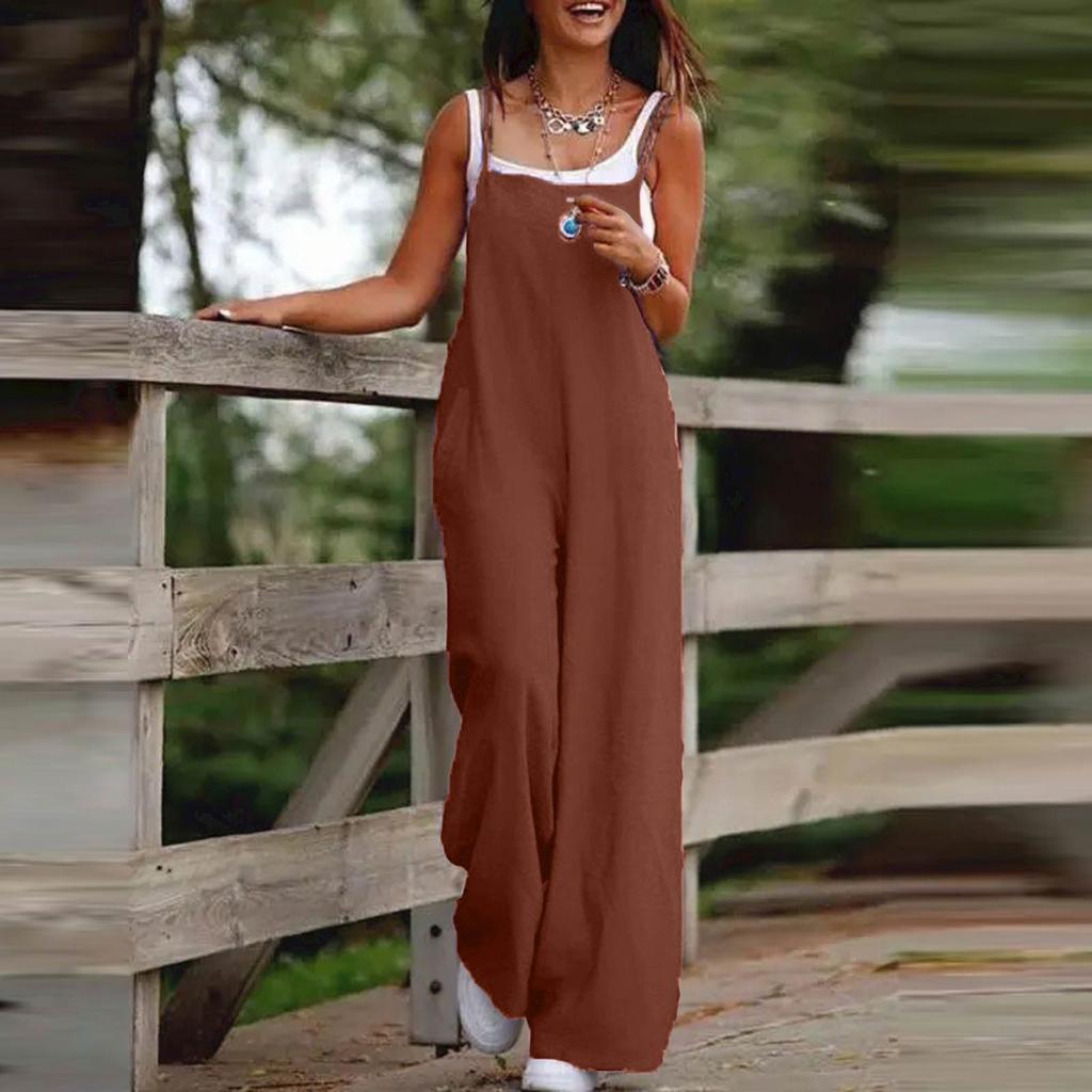 Women's Fashion Casual Cotton And Linen Adjustable Suspender Jumpsuit Pants Solid Color Leg Split Jumpsuit