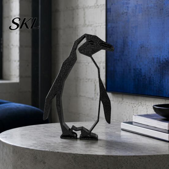 Contemporary Animal Figurine Geometric Penguin Figurine, Black Hollow Design Ornament, 3D Printed Minimalist Sculpture Abstract Art Statue for Modern