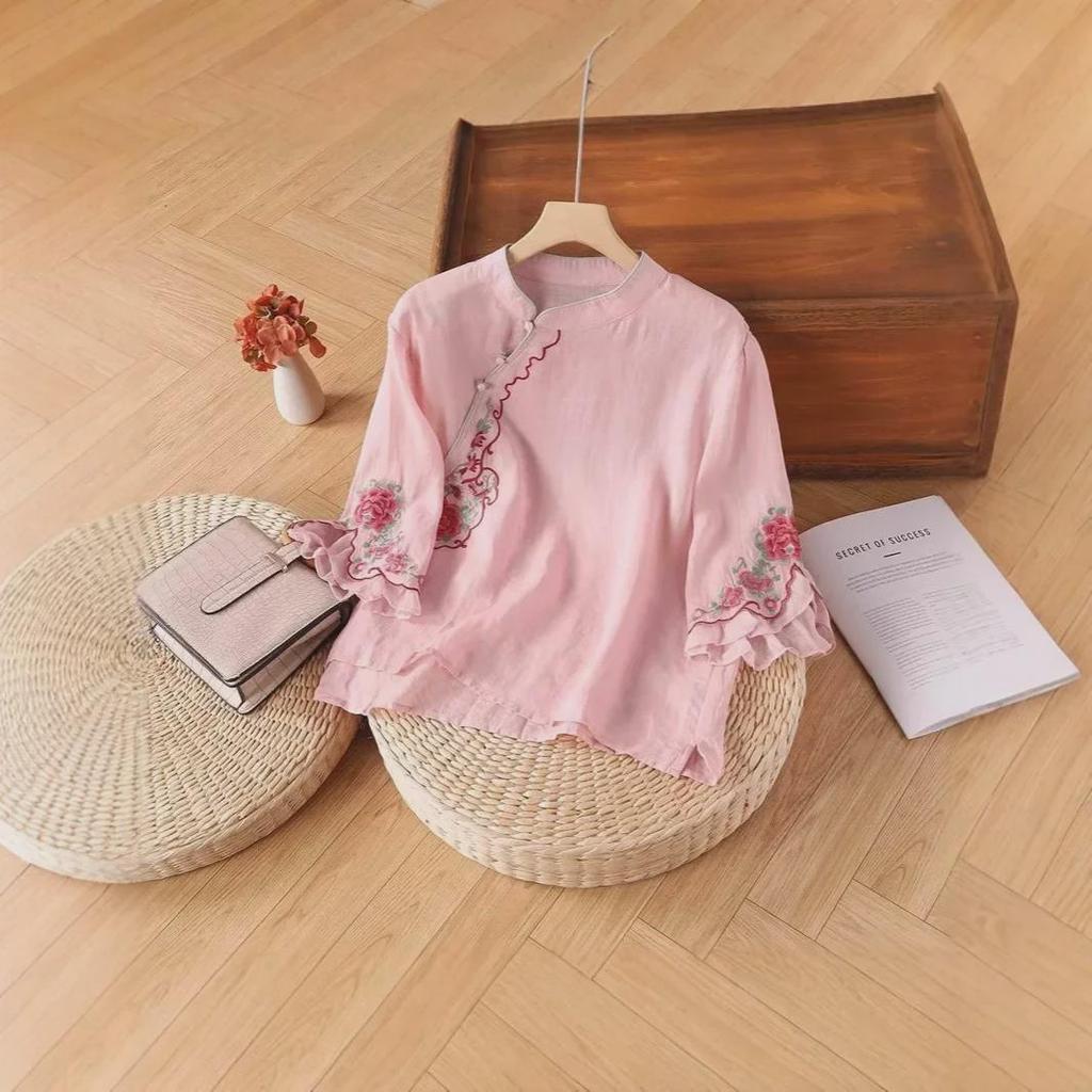 Women's Ethnic Embroidered Cotton-Linen Shirt, Oblique Collar, 3/4 Sleeves, Retro Literary Summer Tea Dress.