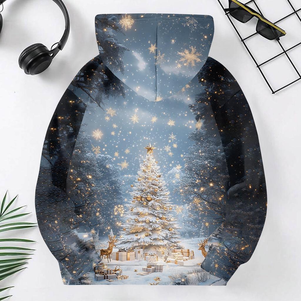 Blusão casual de lã polar para crianças com estampa de Natal e design com capuz
