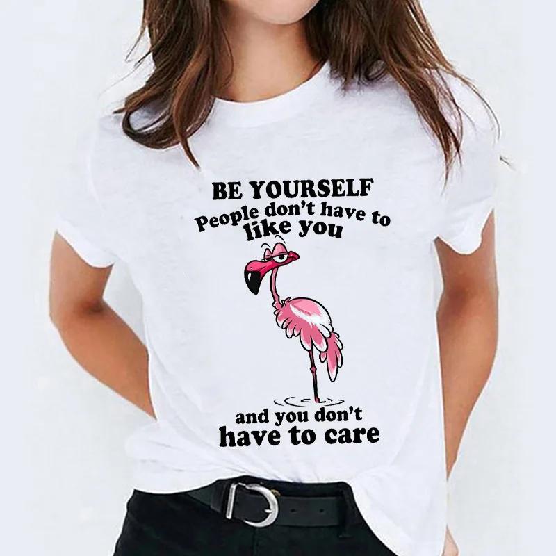 Flamingos Pattern Half Sleeve Tshirt Womens Harajuku Style Graphic Top Aesthetic Short Base Shirt Fashion for Ladies