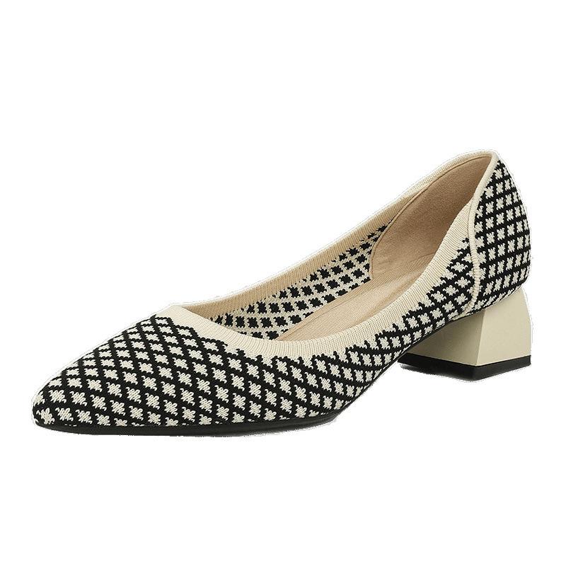 Breathable color matching high-heeled flying-woven women's shoes single shoes medium heel knitted woven pointed thick heel soft sole