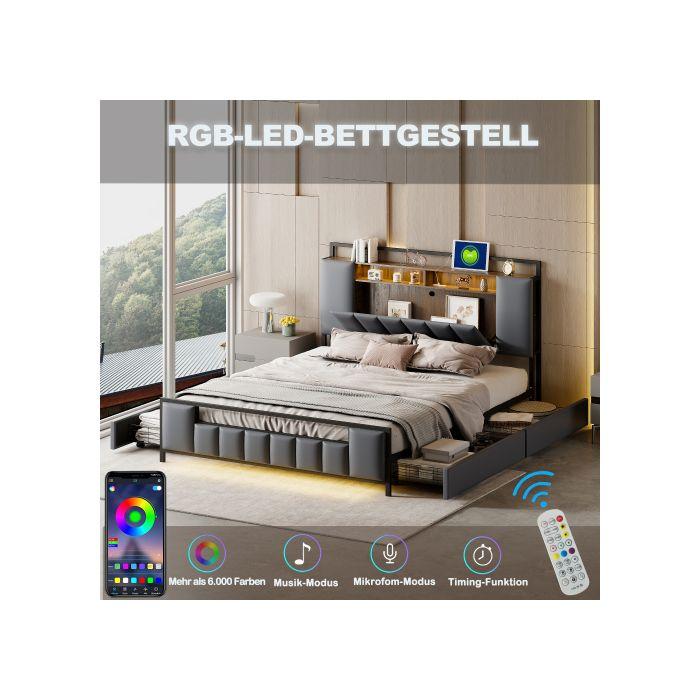 Lit rembourré - MUVOE - 160x200 cm - Éclairage LED - Prise USB - 4 tiroirs de rangement