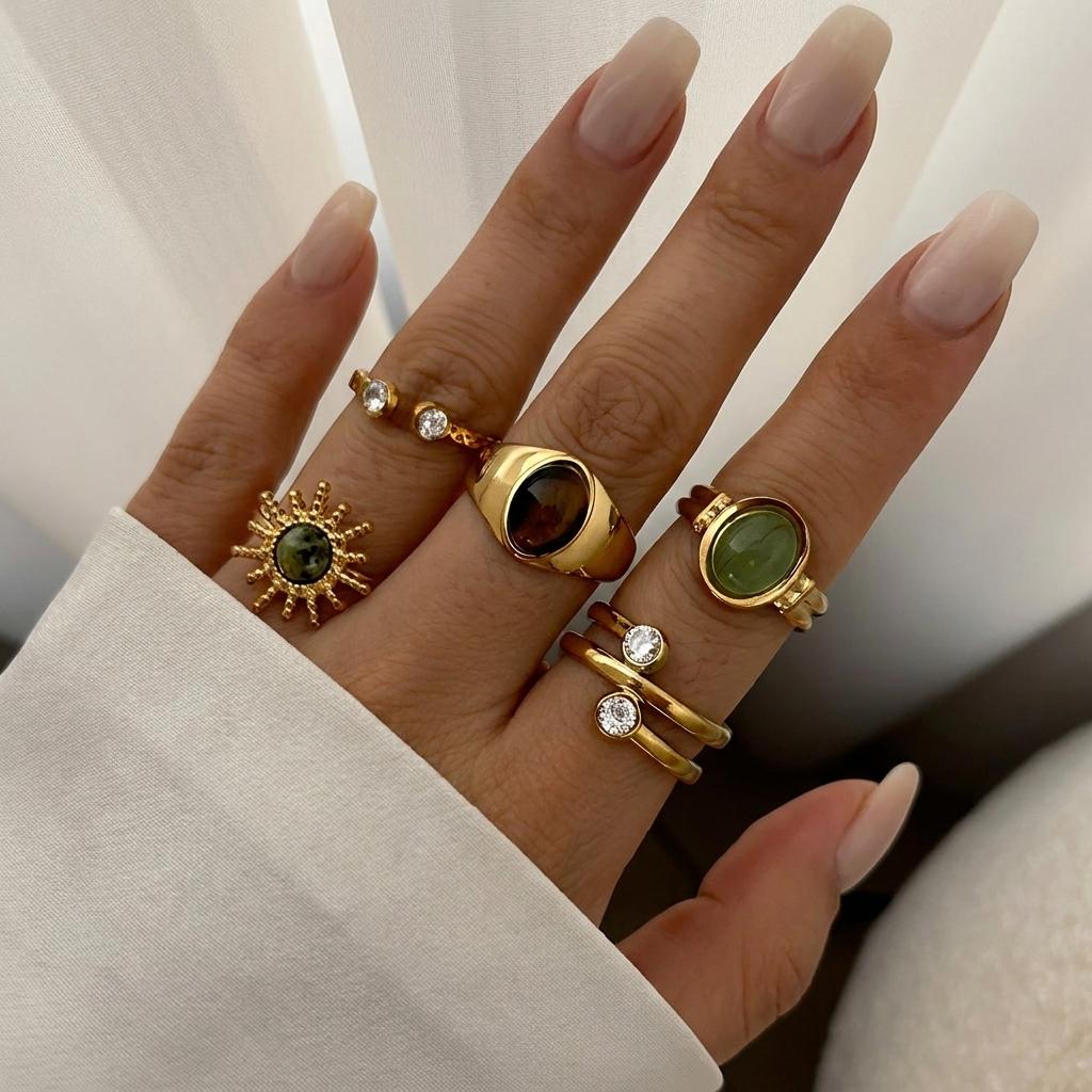Stainless Steel Vintage Boho Multi Gemstone Stackable Rings For Women Sun Zircon Tiger Eye Knuckle Finger Rings Party Jewelry