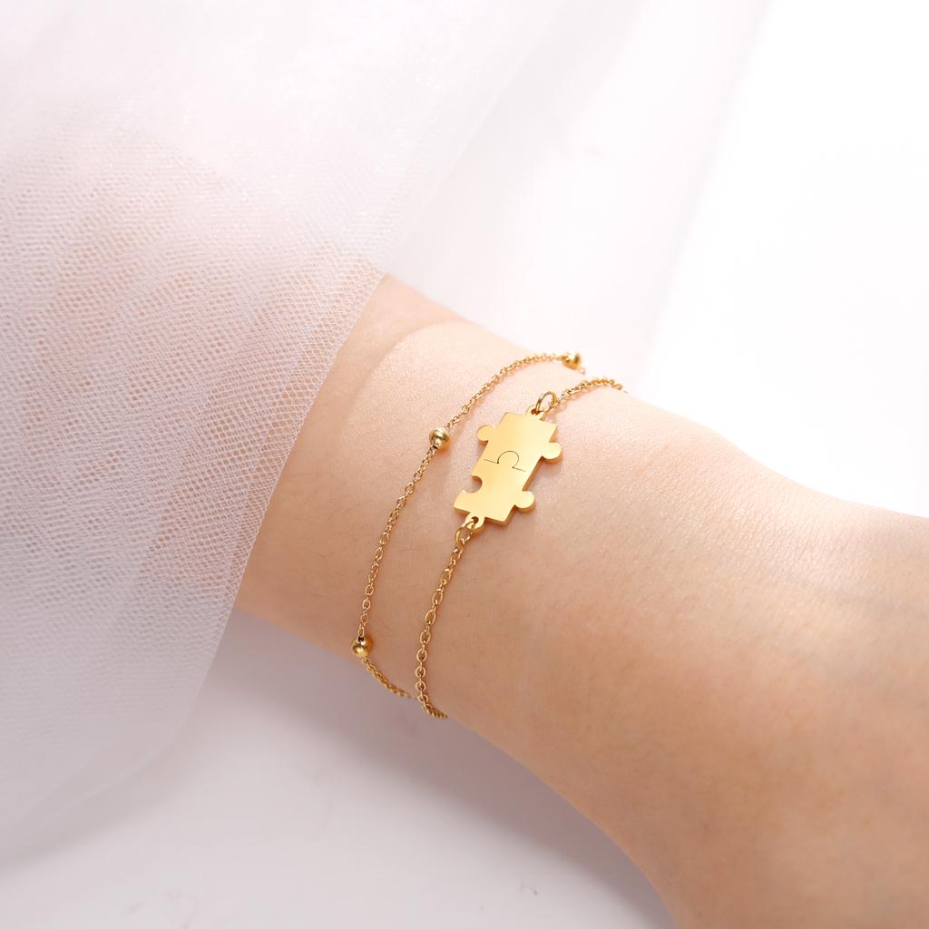 Stainless Steel Jigsaw Puzzle Piece Bracelet Layer Beads Chain Bracelet Fashion Best Friend Couple Jewelry Birthday Gift