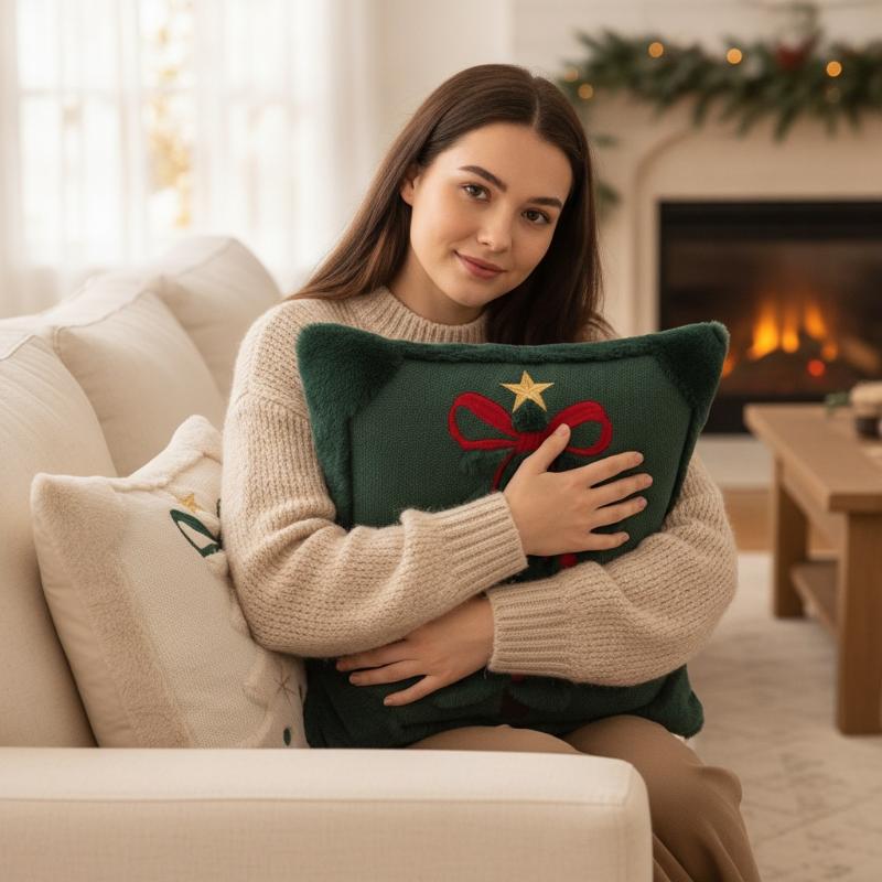 3D Christmas Tree Throw Pillow Covers Faux Plush Embroidered Xmas Tree Pattern Cushion Covers For Sofa Couch Home Decor