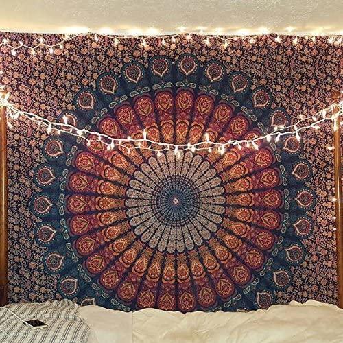 Blue Peacock Mandala Wall Hanging Bedding Spiritual Custom Indian Hippie Bohemian Psychedelic Golden Woven Blanket Tapestry 95*73CM
