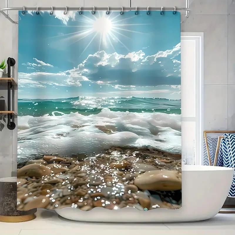 Ocean Waves and Sunny Sky Shower Curtain - Nature Scene Decor for Bathroom - Waterproof and Durable Design W90xH180cm