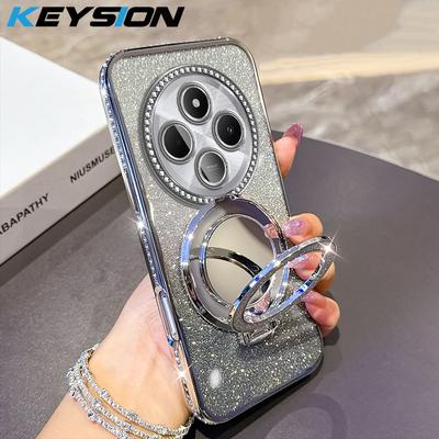 KEYSION Luxury Glitter Jewelled Magnetic Phone Case for Redmi 14C Makeup Mirror Stand Shockproof Back Cover for Xiaomi POCO C75