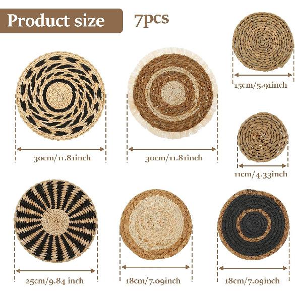 PieJoFpy 7 Pack Boho Wall Art - Seagrass Rattan Wicker Hanging Baskets, Round Flat Wall Decor