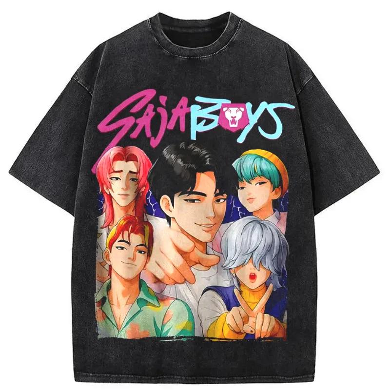 Summer Vintage KPop Demon Hunters Tiger Washed Cotton T-shirts for Men Harajuku Round-neck Heavy Tshirts Oversize Unseix Tee Top