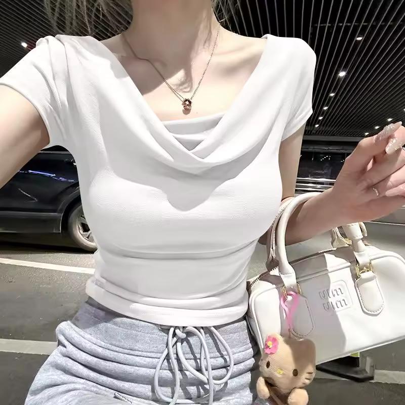 Women's Summer Slim Fit Solid Color One Shoulder Top with Simple Short Design Short Sleeved T-shirt